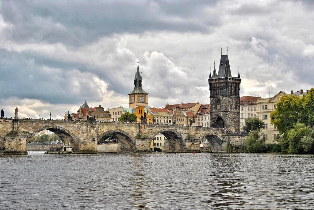 Historic Prague cityscape with colorful baroque buildings and cobblestone streets